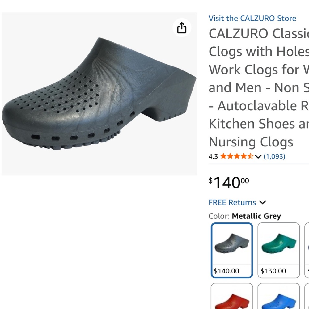 Calzuro metallic grey professional work nurse clogs size 38/39 Italy